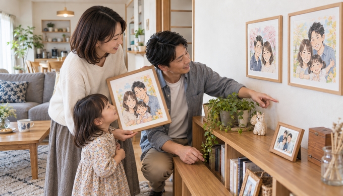 家族がリビングで新しく作った似顔絵を手に取り、棚に飾ろうとしている。