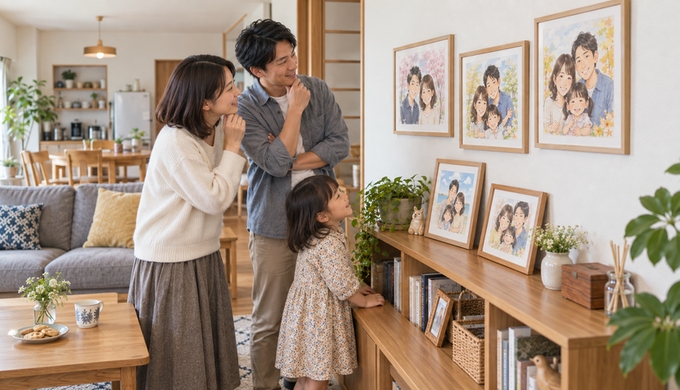 家族がリビングに少しずつ増えて並んだ複数の似顔絵を眺めている。