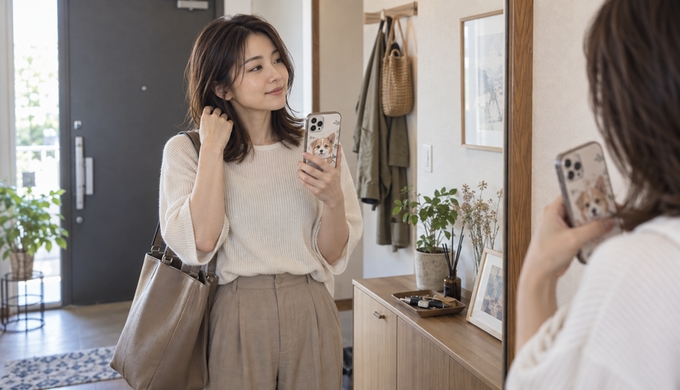 自宅の鏡の前で、服とバッグにペットの似顔絵入りスマホケースを合わせている人物。