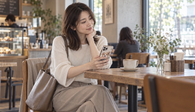 カフェのテーブルで、飲み物のそばにあるペットの似顔絵入りスマホケースへ目を向ける人物。