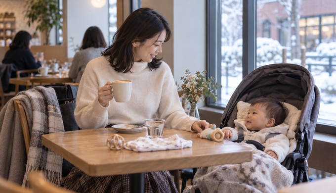 カフェの席で、女性がベビーカーの赤ちゃんの様子を見ながらカフェラテを飲んでいる。