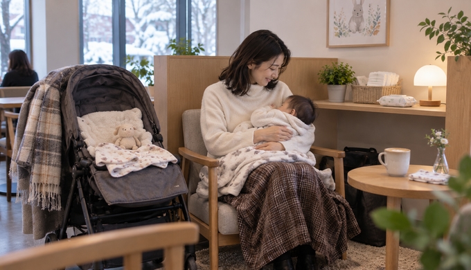 カフェの落ち着いたスペースで、タートルネックを着た女性が赤ちゃんを抱いて授乳している。