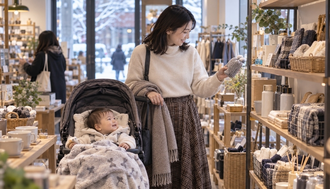 雑貨店で、女性がベビーカーの赤ちゃんと一緒に冬の小物を手に取って見ている。