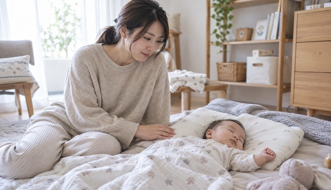 枕で横になる赤ちゃんのそばで、保護者が寝姿と枕を見比べている様子。