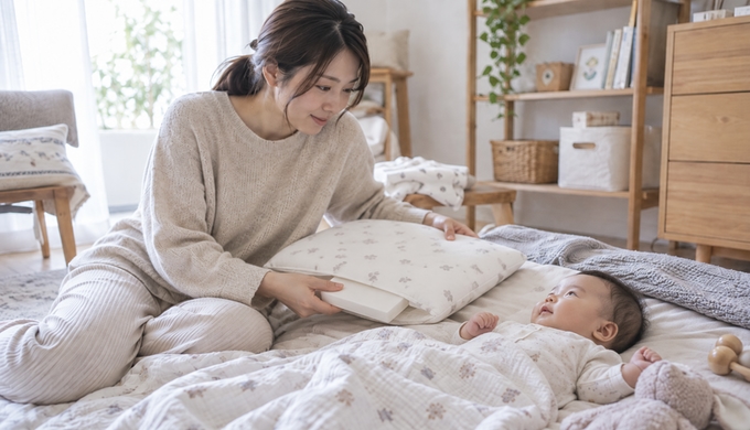 昼寝中の赤ちゃんのそばで、保護者が枕と頭や肩まわりを見ながら寝姿を確認している様子。
