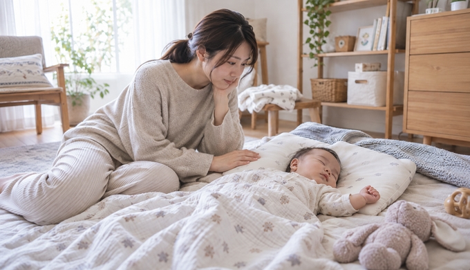 赤ちゃんのそばで、保護者がベビー枕を手に取り、高さを調整している様子。