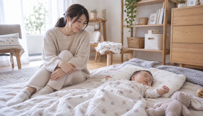 調整した枕で横になる赤ちゃんを、そばに座った保護者が静かに見守っている様子。