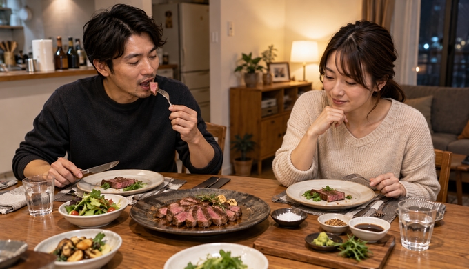 夕食のテーブルで、切り分けたリブロースステーキの最初のひと切れを塩だけで味わっている二人。
