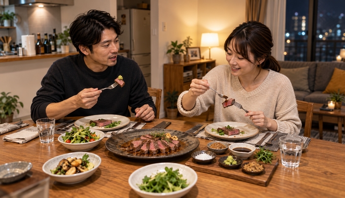 リブロースステーキにソースや薬味を少しずつ合わせ、異なる味を食べ比べている二人。
