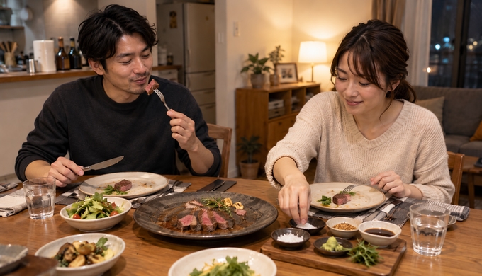 いくつかの味を試したあと、気に入った調味料を選んでもう一度リブロースステーキを食べている二人。