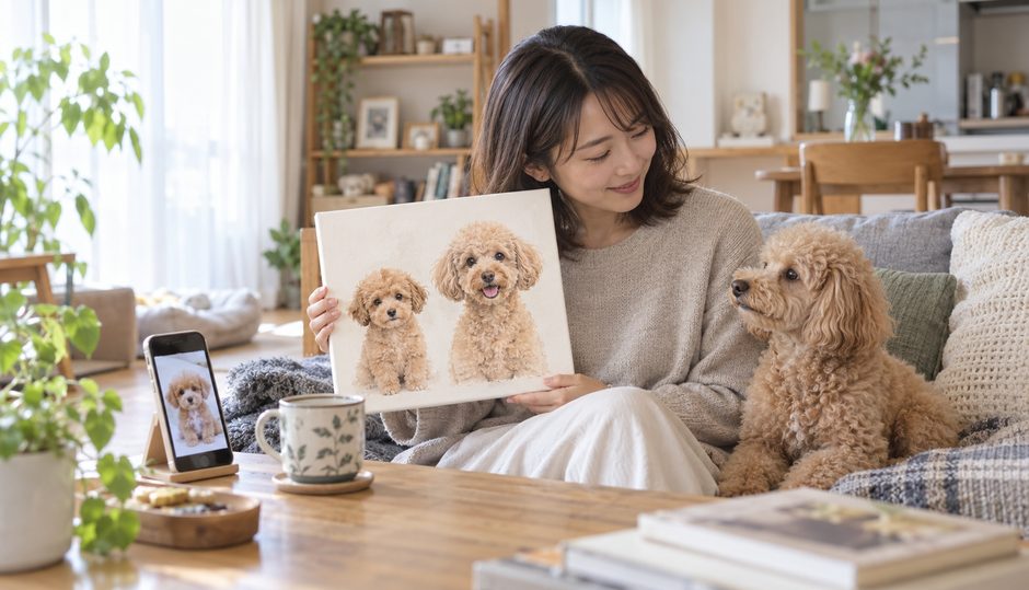 自宅で、幼い頃と今の愛犬が描かれたキャンバスを手にし、そばにいる現在の愛犬と見比べる人物。