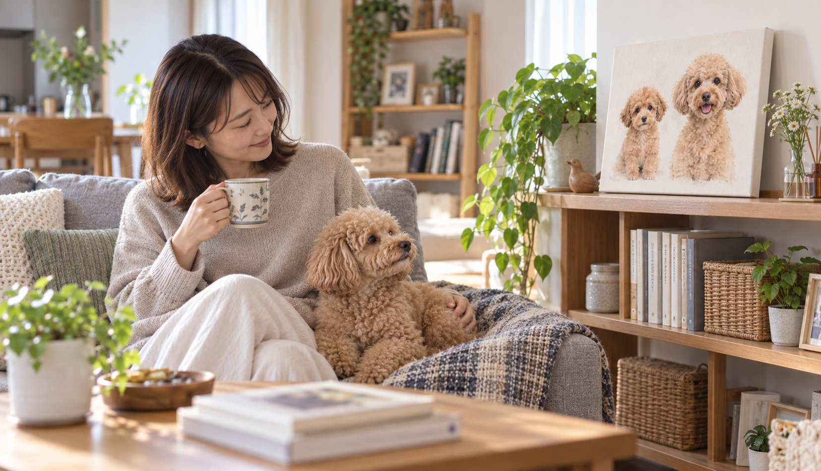 部屋に飾られた幼い頃と今の愛犬のキャンバスを、そばにいる現在の愛犬と一緒に眺める人物。