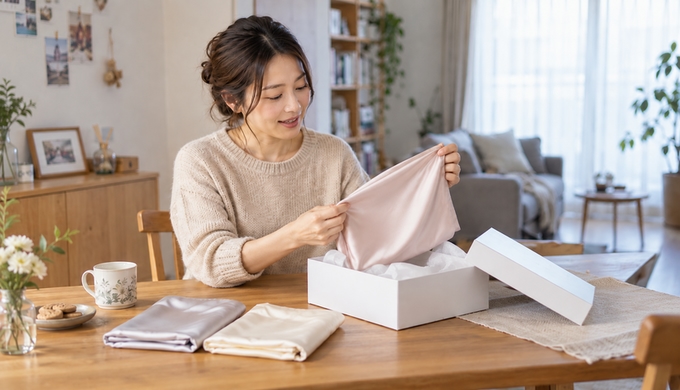 自宅のテーブルで、白い箱からシルクの枕カバーを手に取って見ている人物。