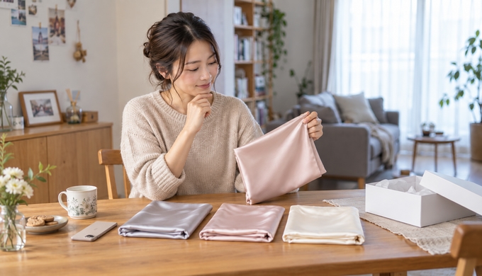 テーブルに並べた3色の枕カバーを見比べながら、一色を手に取って選んでいる人物。