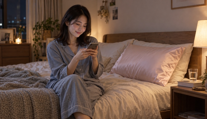 枕カバーをかけた枕のある寝室で、ベッドに座りスマートフォンを操作している人物。