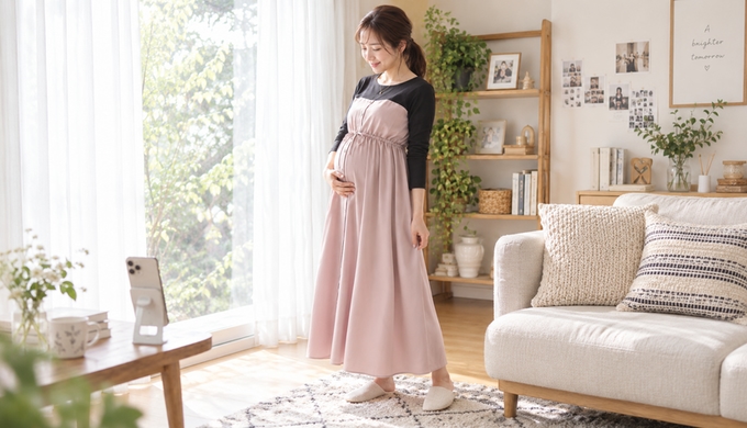 自宅の窓辺で、ピンクベージュのビスチェ風ワンピースを着た妊娠中の女性が、少し離して置いたスマートフォンで自分の姿を撮ろうとしている。