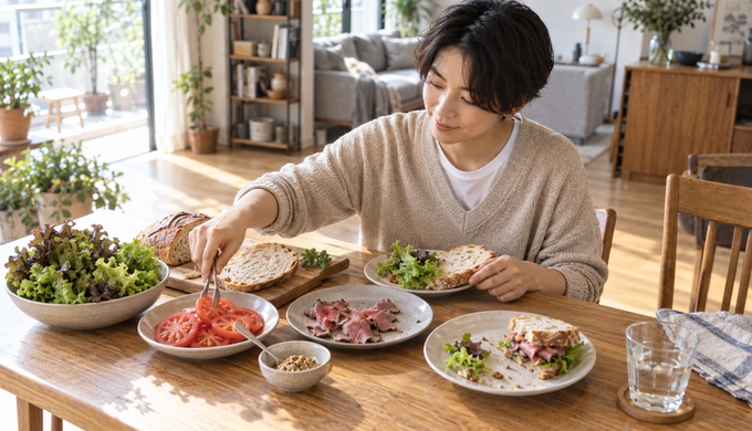 パンや野菜、薄切りのローストビーフを並べた食卓で、サンドイッチを作り始めている人物。