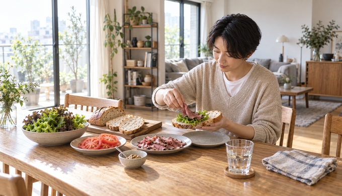 食卓に残ったパンや野菜、ローストビーフを見ながら、次のサンドイッチの具材を選んでいる人物。