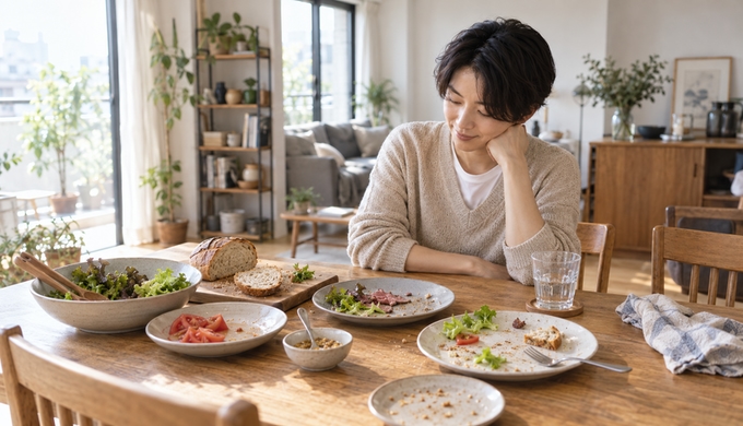 サンドイッチを食べ終えた食卓で、少し残ったパンや野菜、ローストビーフを前に座っている人物。
