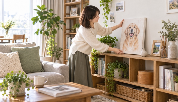 リビングの棚に、人物がうちの子のキャンバスを飾っている。