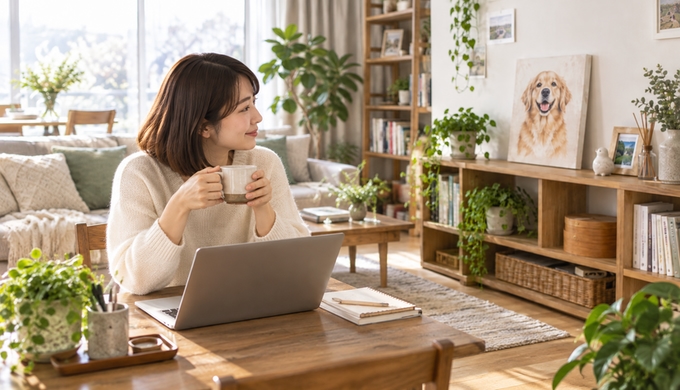 デスクで過ごす人物が、近くに飾られたうちの子のキャンバスへ視線を向けている。