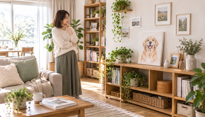 うちの子のキャンバスが飾られた棚の一角を、人物が少し離れて眺めている。