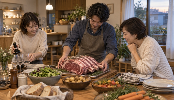 食卓のそばで大きなリブロースを焼く準備をしながら、飲み物や付け合わせを整えている様子。