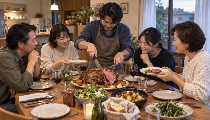 食卓の中央で焼き上がったリブロースを切り分け、周囲の人が皿を持ちながら取り分を待っている様子。