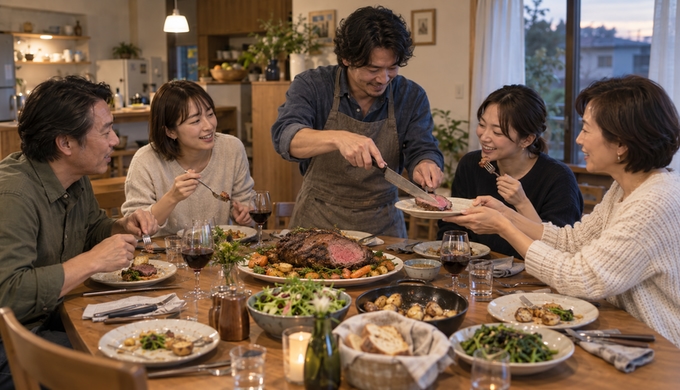 食事が進んだ食卓で、残ったリブロースから追加の一切れを切り分けて皿に渡している様子。