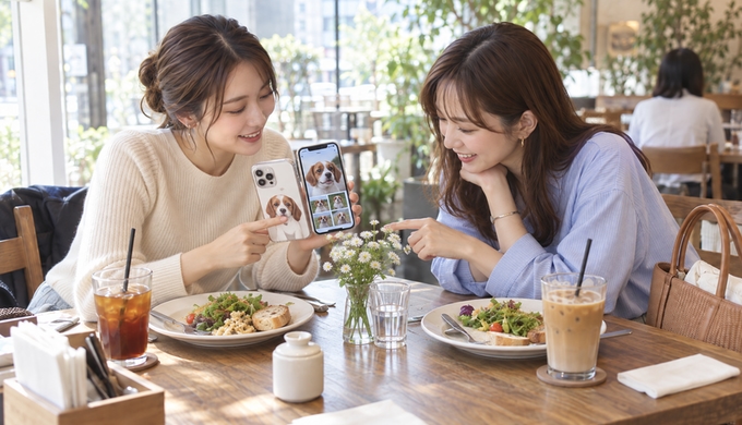 ペットの似顔絵入りスマホケースと画面に表示したペット写真を見比べながら、二人が話している。