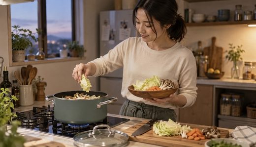 冷蔵庫の野菜を重ねて蒸す、「今日は切って入れるだけ」の夕食