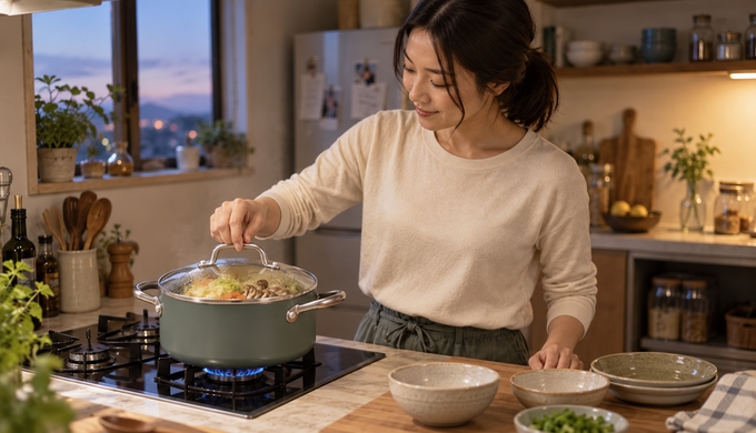 コンロの上の両手鍋にガラス蓋をし、人物が蓋越しに蒸されている野菜の様子を見ている。