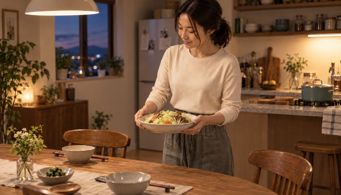 人物が蒸したキャベツ、きのこ、にんじんを盛った器をキッチンから食卓へ運んでいる。