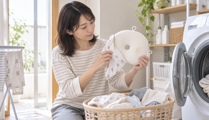 赤ちゃん用の枕を手に取り、カバーを外しながら汚れを確認する保護者。