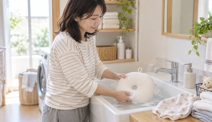 洗面台で赤ちゃん用の枕本体を両手で手洗いする保護者。