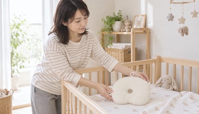 手入れを終えた赤ちゃん用の枕を、普段使う場所へ戻す保護者。