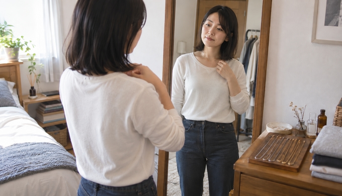 比較した中から選んだ長さのネックレスを着け、鏡でトップスとのバランスを確認している人物。