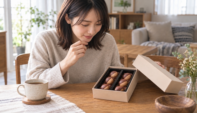 開いた生チョコマカロンの箱を前に、女性がマカロンを取らずに箱の中へ視線を向けている。