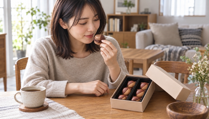女性が生チョコマカロンを口元へ運び、そばには開いた箱が置かれている。