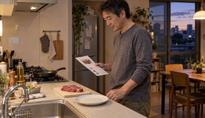自宅のキッチンで、調理前の牛肉を前に焼き方のレシピを確認している男性。