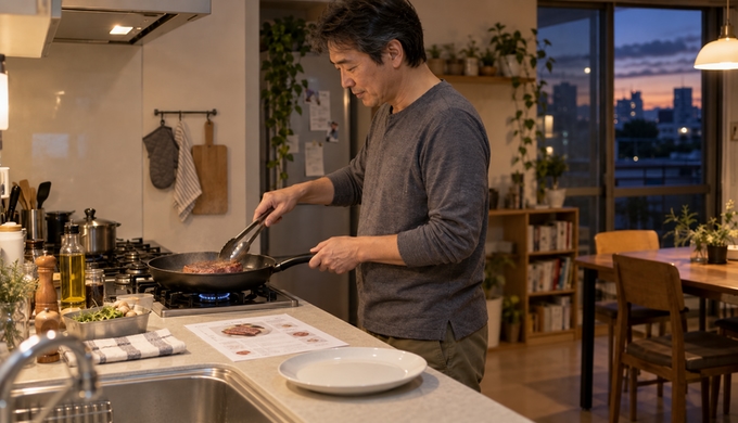 自宅のキッチンで、レシピをそばに置きながらフライパンで牛肉を焼いている男性。