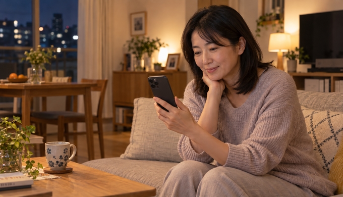 自宅のソファで、スマートフォンに届いたステーキの写真を見ている女性。