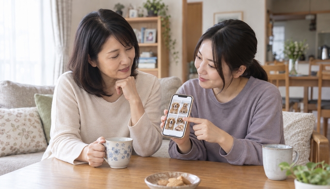 二人が自宅のリビングで、スマホに並んだ同じ犬の写真を見ながら使う一枚を選んでいる。