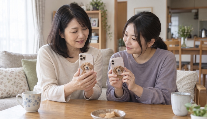二人が異なるスマホに付けた同じ犬の似顔絵入りケースを手にして見比べている。