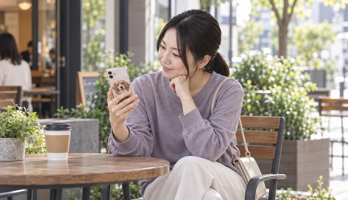 女性が外出先で、犬の似顔絵が入ったスマホケースを手にして見つめている。