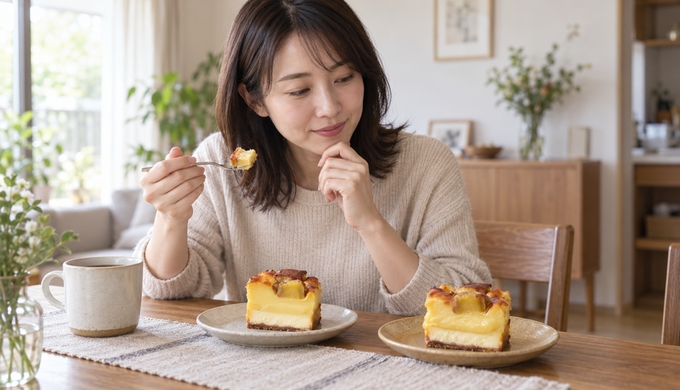 半解凍と全解凍、同じ蜜芋チーズケーキを二つの食感で食べ比べる