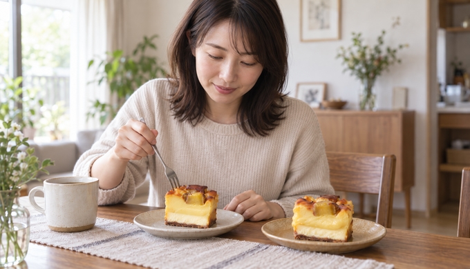 自宅のテーブルで、人物が半解凍の蜜芋チーズケーキにフォークを入れ、隣に全解凍したひと切れを置いている。