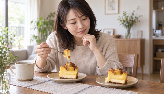 人物が全解凍した蜜芋チーズケーキをフォークで取り、半解凍のひと切れと並べて食べ比べている。