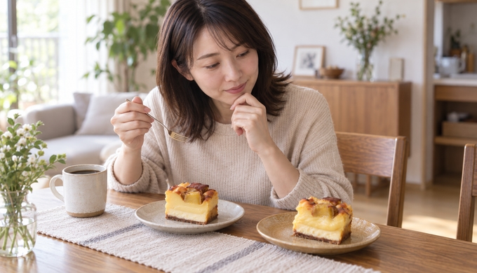 食べ進めた二つの蜜芋チーズケーキを前に、人物が次にどちらを食べるか見比べている。