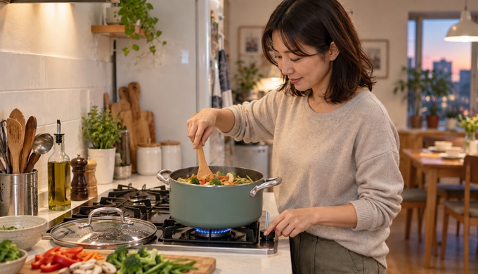 自宅のキッチンで、女性がグリーンの両手鍋で野菜を炒めながら、コンロの火加減を確認している。